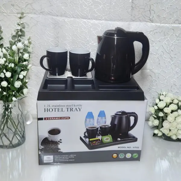 Hotel guest tray with electric jug and 2cups